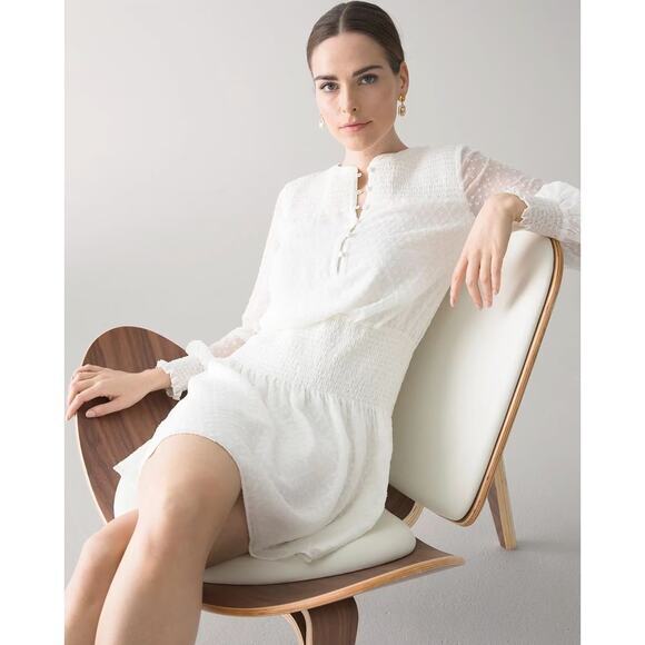 New!‎ White House Black Market Smocked Blouson Dress ivory white, size L - Picture 3 of 16